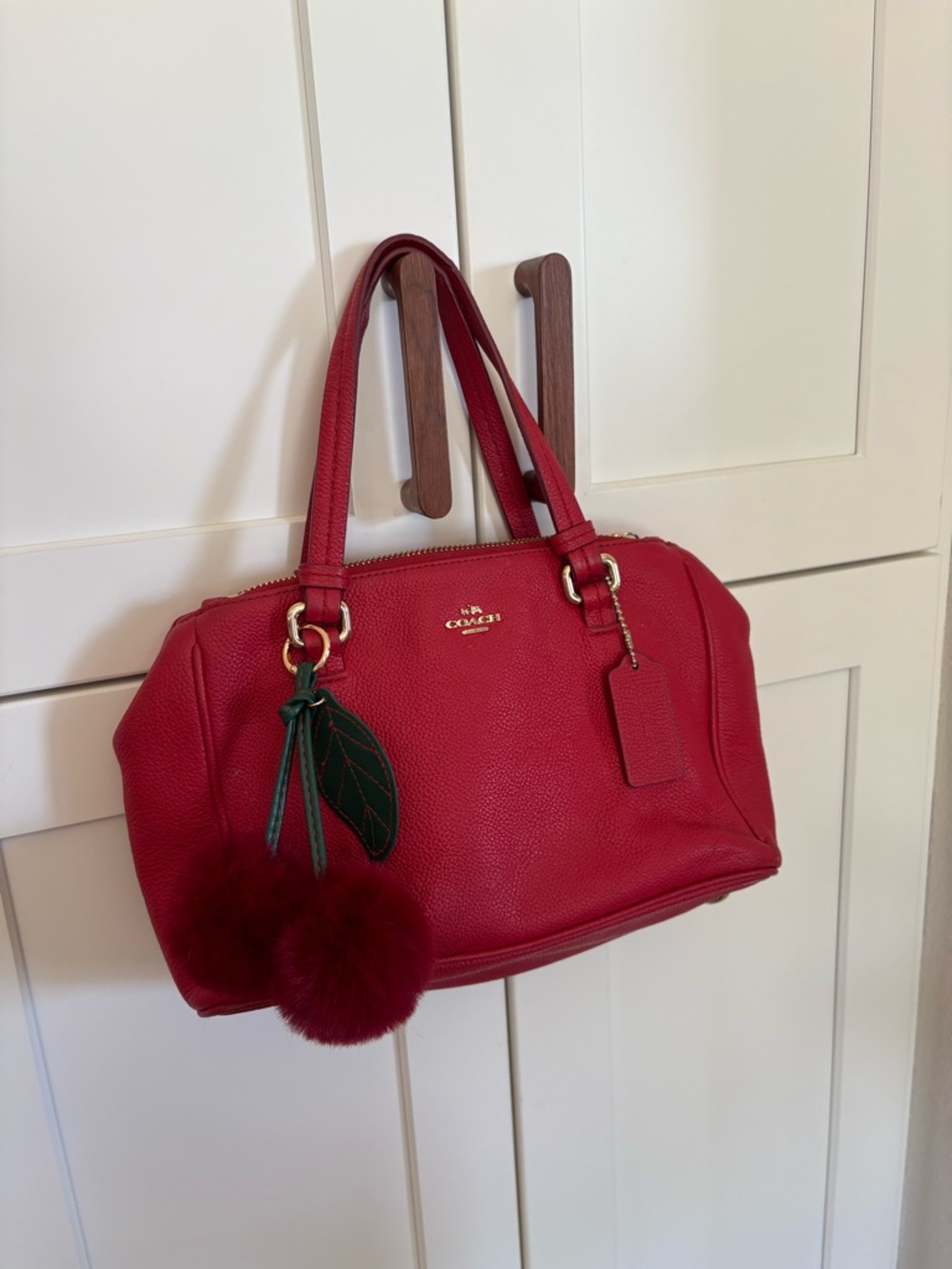 Coach Red Pebbled Leather Shoulder Satchel with Pom-Pom Charm